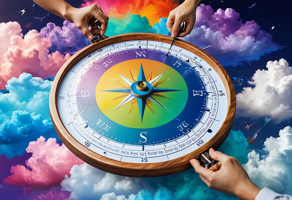 An imaginative landscape showcasing a vibrant digital blogosphere, where various colorful websites float among clouds of inspiration. Diverse creators are seen collaborating, crafting content, with tools like laptops and notebooks in hand. Above, a glowing navigation compass symbolizes guidance in the creative journey. The scene is filled with bright, striking colors and dynamic elements to represent creativity and engagement. super-realistic. vibrant colors. 3D.