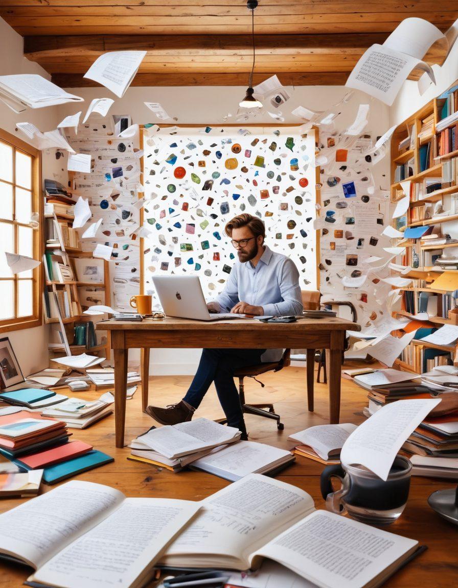 A vibrant scene of a creative writer amidst a colorful, swirling landscape of ideas symbolized by floating words and images. The writer sits at a vintage wooden desk, surrounded by open notebooks, laptops, and coffee cups, illuminating the concept of journaling and content creation. In the background, an abstract representation of a digital blogosphere filled with eye-catching visuals floats in the air. super-realistic. vibrant colors. white background.